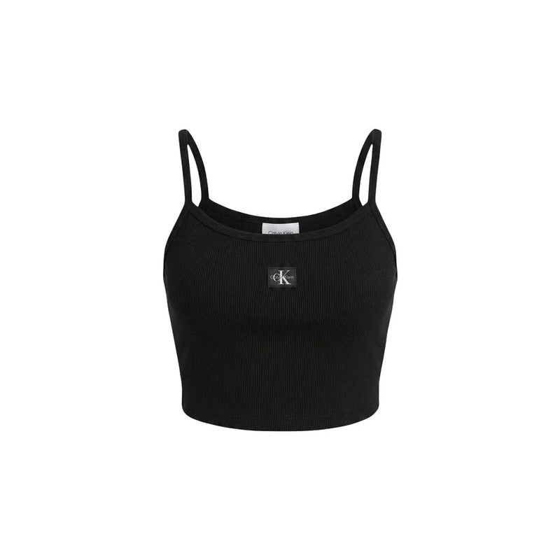 Calvin Klein Jeans women black cotton ribbed crop top with thin straps and small logo patch at center front