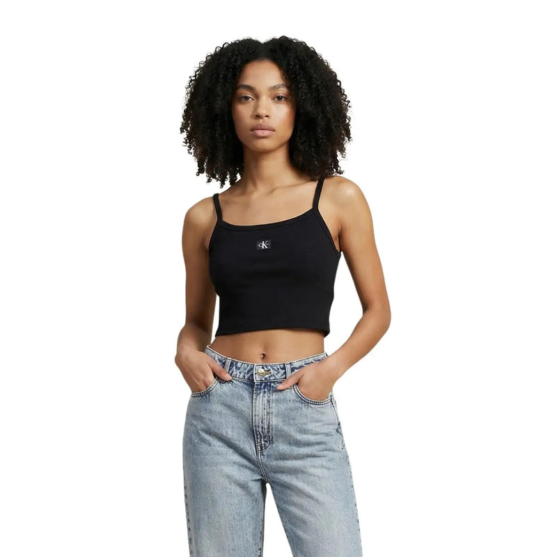 Calvin Klein Jeans women black cotton cropped tank top with thin straps and small chest embroidered logo