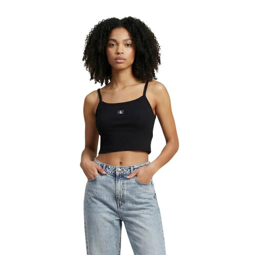 Calvin Klein Jeans women black cotton cropped tank top with thin straps and small chest embroidered logo