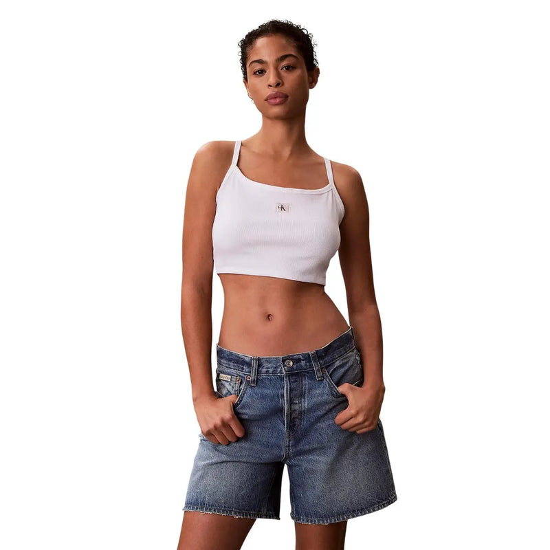 Calvin klein jeans women white cotton crop top with thin straps and small embroidered logo on chest