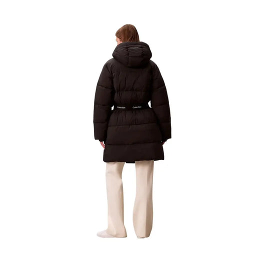 Black quilted Calvin Klein hooded puffer coat with belt