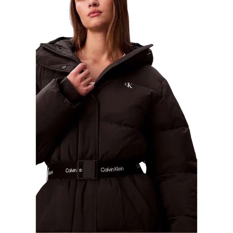 Calvin Klein black hooded puffer coat with quilted design, belt and logo