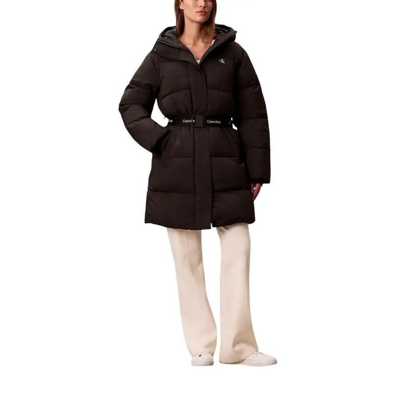 Black quilted Calvin Klein hooded puffer coat with branded belt
