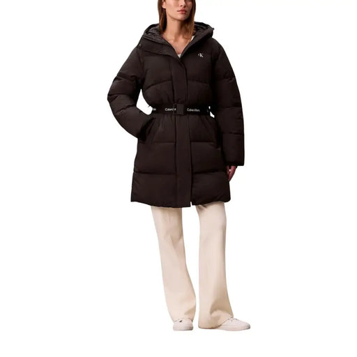 Black quilted Calvin Klein hooded puffer coat with branded belt