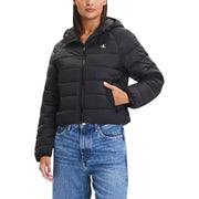 Calvin Klein Jeans Schwarze, gesteppte Damen-Pufferjacke mit Kapuze, Vorderansicht