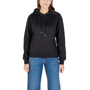 Calvin Klein Jeans women black hooded sweatshirt with subtle chest embroidery and silver-toned drawstring tips