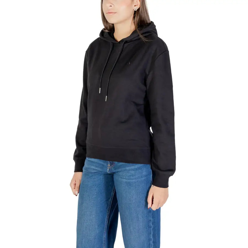 Calvin Klein Jeans women black hooded sweatshirt with drawstrings and small embroidered logo on the chest