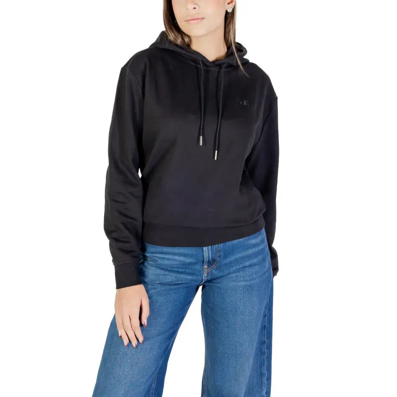 Calvin Klein Jeans women black hooded sweatshirt with subtle embroidered logo and matching drawstrings in cotton blend