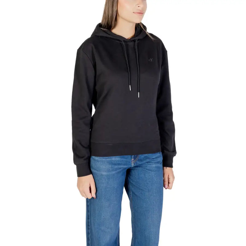 Calvin Klein Jeans women black hooded sweatshirt with subtle embroidered logo and matching drawstrings