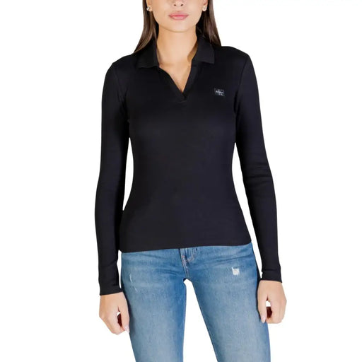 Calvin Klein Jeans women black long-sleeve V-neck polo shirt with subtle chest logo