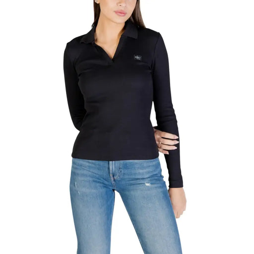 Calvin Klein black long-sleeved V-neck polo shirt with subtle chest logo