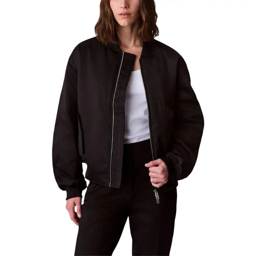 Calvin Klein Jeans women black polyester bomber jacket with sleek matte finish and silver zipper accents