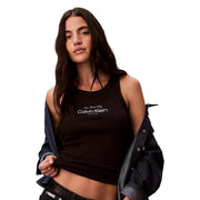 Black Calvin Klein Jeans women sleeveless round neck tank top with white New York City and Calvin Klein lettering