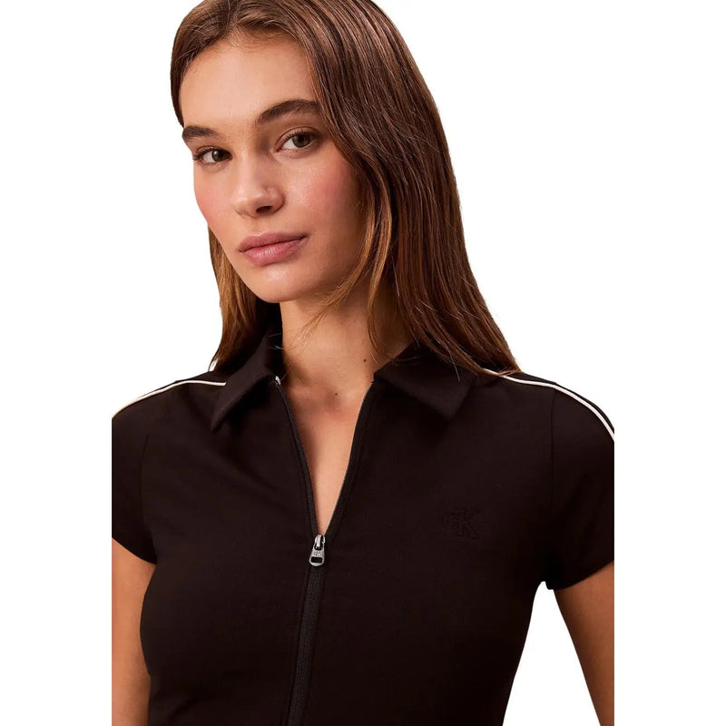 Calvin Klein Jeans women black viscose polo shirt with short sleeves white piping and front zipper closure