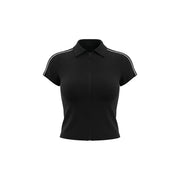 Calvin Klein Jeans women black viscose short-sleeved zip-up polo shirt with white stripes on sleeves and collar