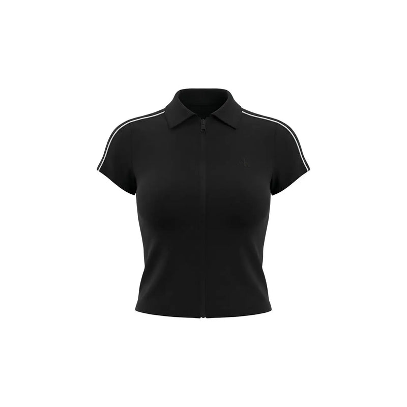 Calvin Klein Jeans women black viscose short-sleeved zip-up polo shirt with white stripes on sleeves and collar