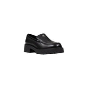 Calvin Klein Jeans women black wool slip on shoes featuring black leather loafers with chunky platform sole and subtle logo detailing