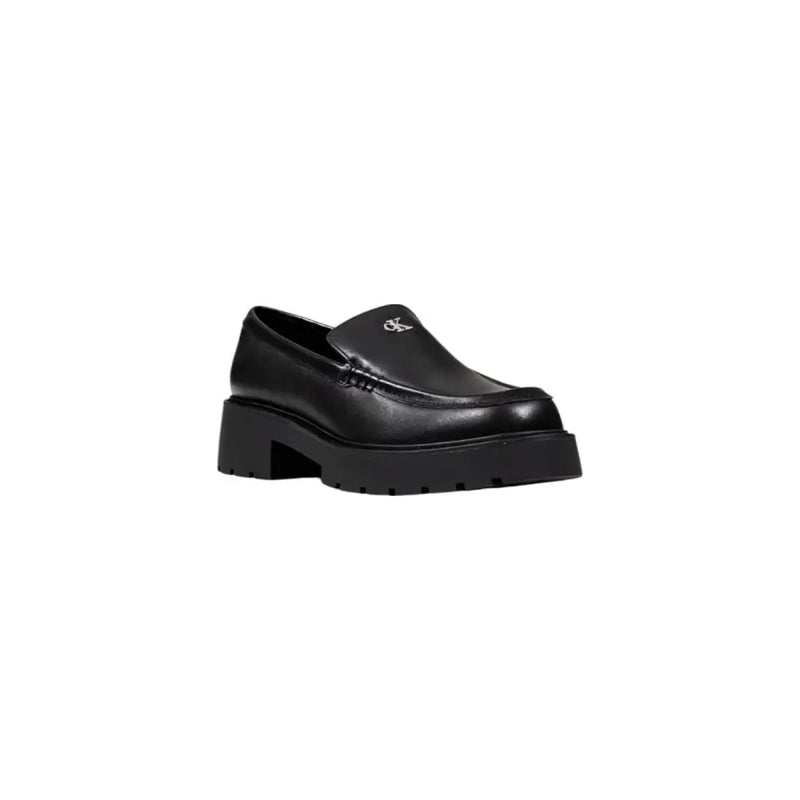 Calvin Klein Jeans women black wool slip on shoes featuring black leather loafers with chunky platform sole and subtle logo detailing