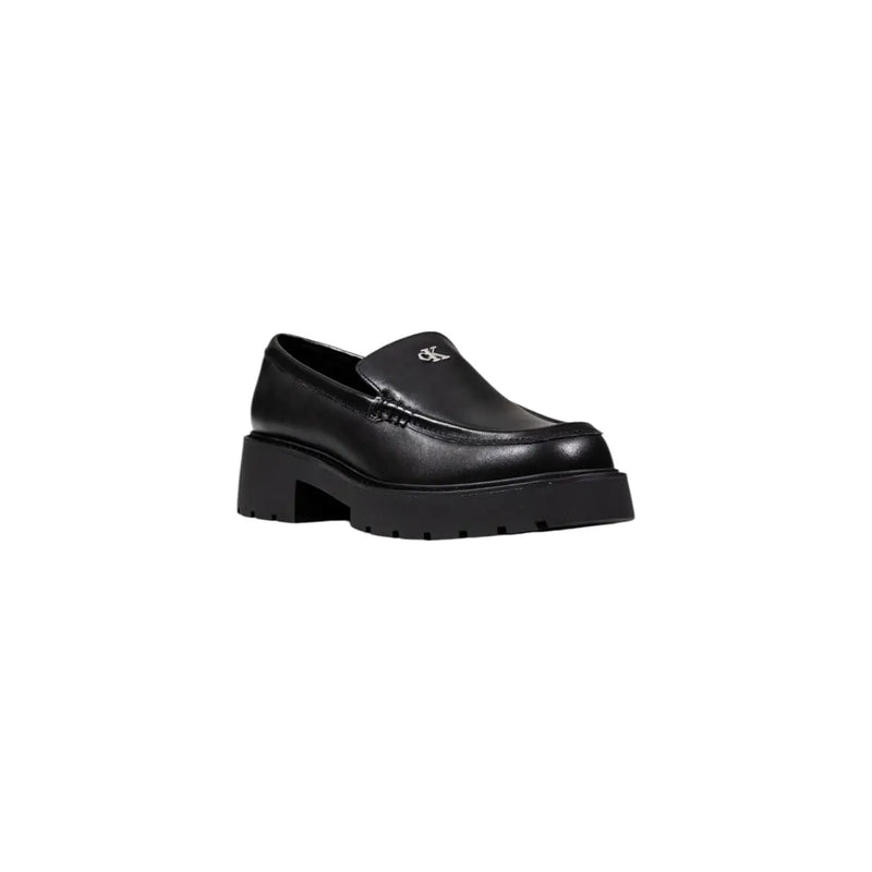 Calvin Klein Jeans women black wool slip on shoes featuring black leather loafers with chunky platform sole and subtle logo detailing