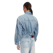 Calvin Klein Jeans women blue cotton blazer with light blue denim, subtle leopard print, front pockets, and brown leather patch