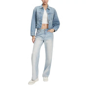 Calvin Klein Jeans women blue cotton blazer with light wash denim, subtle pattern, classic button-up design, and front pockets