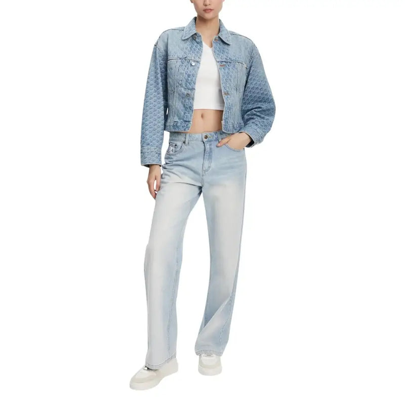 Calvin Klein Jeans women blue cotton blazer with light wash denim, subtle pattern, classic button-up design, and front pockets