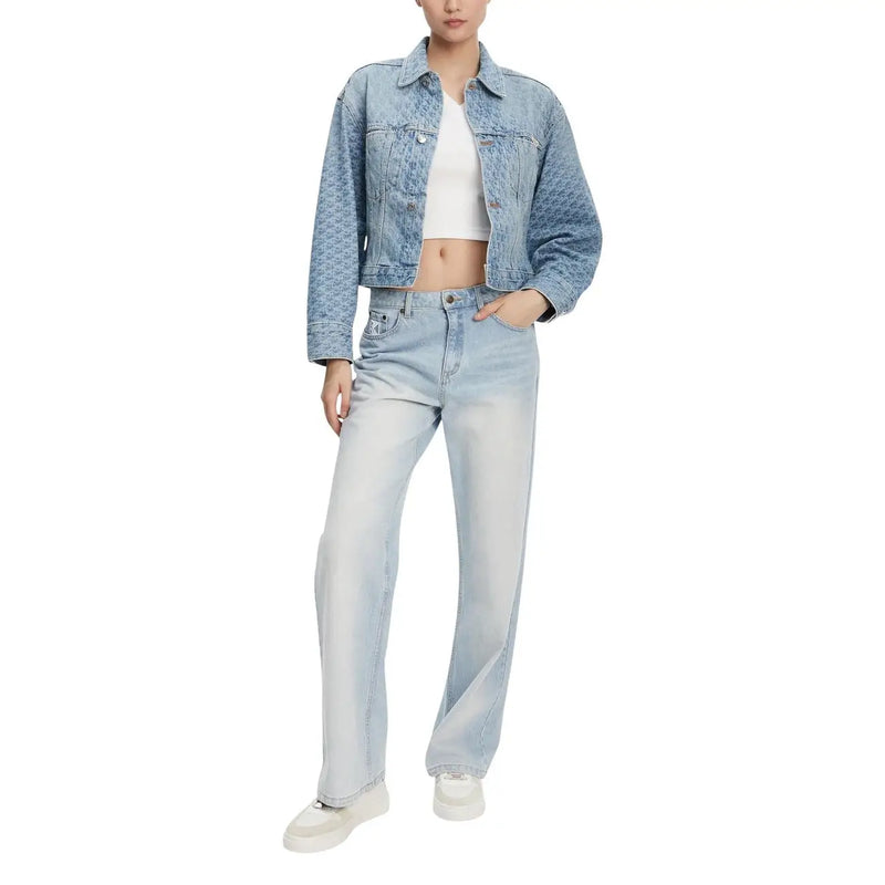 Calvin Klein Jeans women blue cotton blazer with light wash denim, subtle pattern, classic button-up design, and front pockets