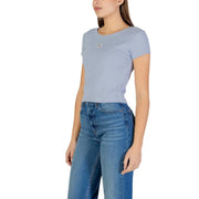 Light blue cotton Calvin Klein Jeans women short-sleeved crop t-shirt with round neck and small chest logo embroidery