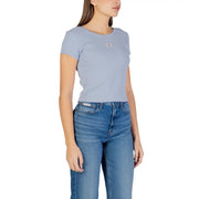 Calvin Klein Jeans women blue cotton round neck t shirt with light blue short sleeves and embroidered logo on left chest
