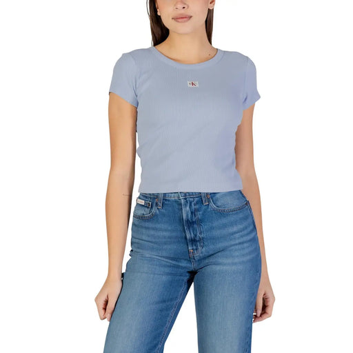 Light blue ribbed short-sleeve cotton crop top with small Calvin Klein logo on chest from Calvin Klein Jeans women collection