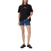 Black Calvin Klein t-shirt with white blue logo on chest for women shorts