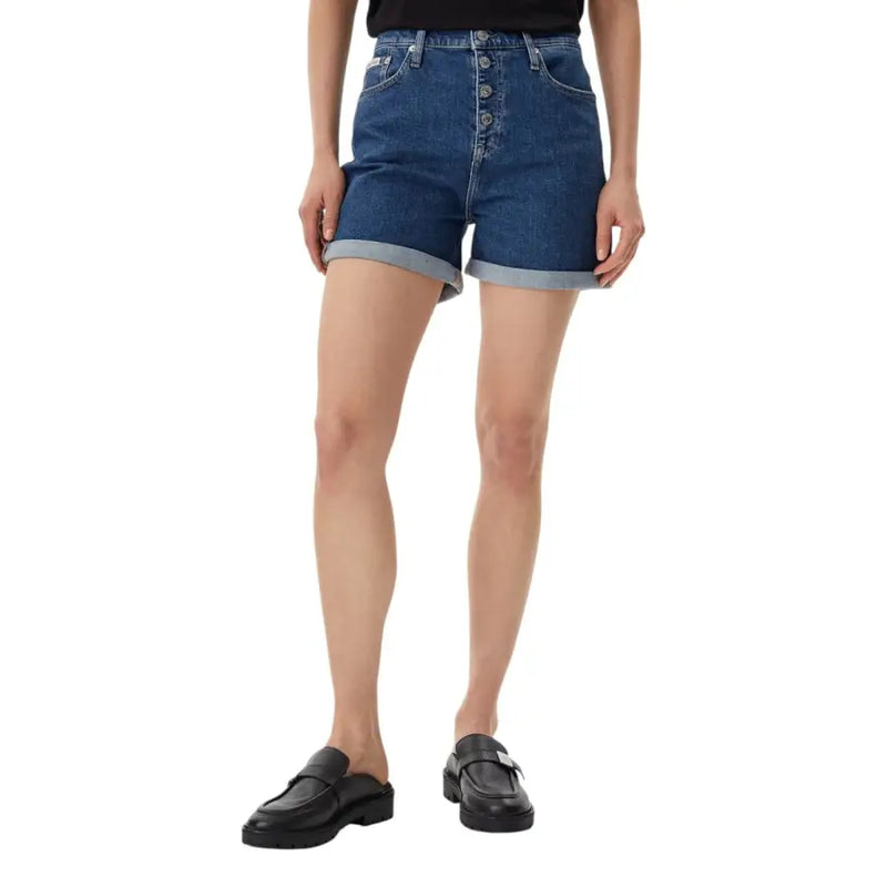 Calvin klein jeans women blue cotton shorts high-waisted denim with button-front closure and rolled cuffs