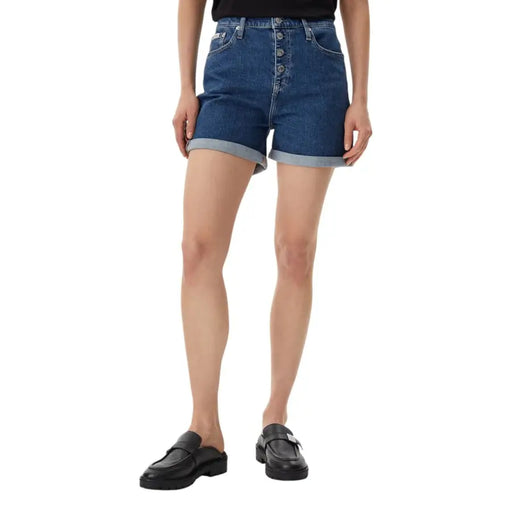 Calvin Klein Jeans women medium blue high-waisted denim shorts with rolled cuffs