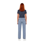 Light-wash denim jeans with straight-leg cut and classic back pockets shown from the back side