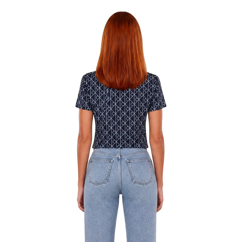Navy blue Calvin Klein Jeans women cotton T shirt with white geometric pattern and short sleeves
