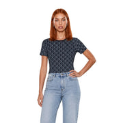 Navy blue short-sleeved geometric cotton t shirt for women by Calvin Klein Jeans