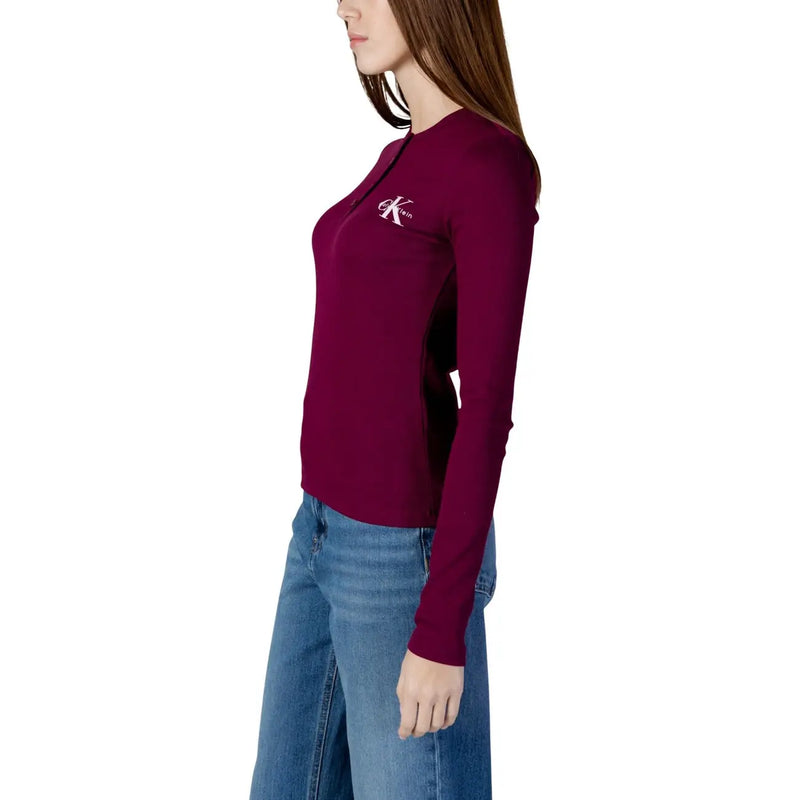 Calvin Klein Jeans women bordeaux cotton long-sleeved top with round neck and subtle embroidered chest logo