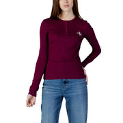 Women’s Calvin Klein Jeans Bordeaux long-sleeved cotton henley top with subtle chest embroidery
