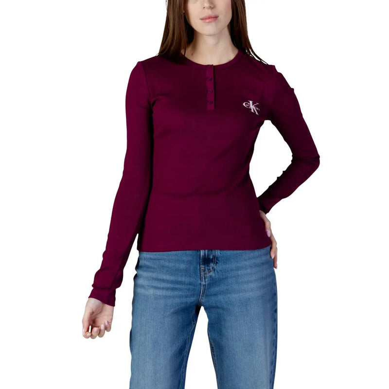 Women’s Calvin Klein Jeans Bordeaux long-sleeved cotton henley top with subtle chest embroidery