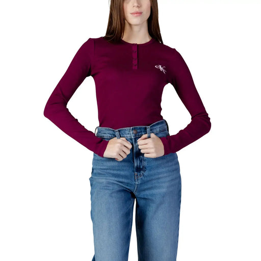 Calvin Klein Jeans women bordeaux cotton long-sleeved henley top with buttoned placket and embroidered logo