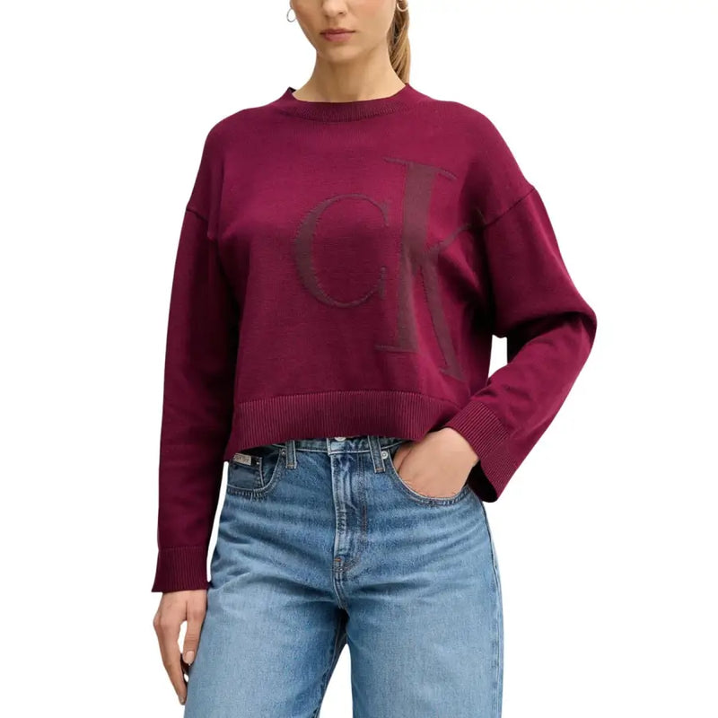 Calvin Klein Jeans women bordeaux cropped knit sweater with textured CK logo