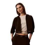Calvin Klein jeans women brown cotton zip-up hoodie with black drawstrings and white logo branding on hem