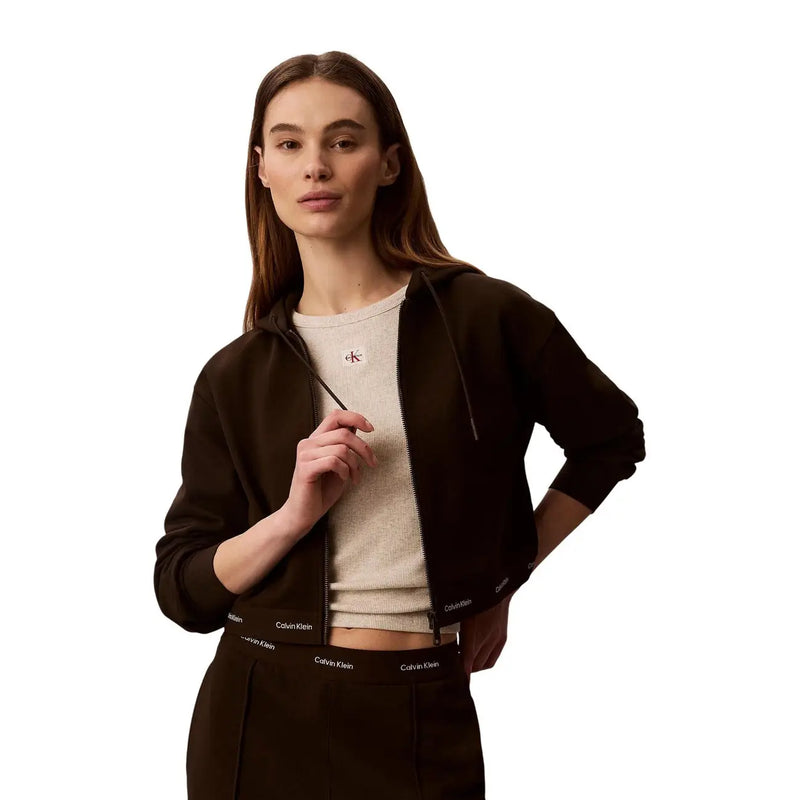 Calvin Klein Jeans women brown cotton hooded sweatshirt with dark brown zip-up hoodie and subtle chest logo