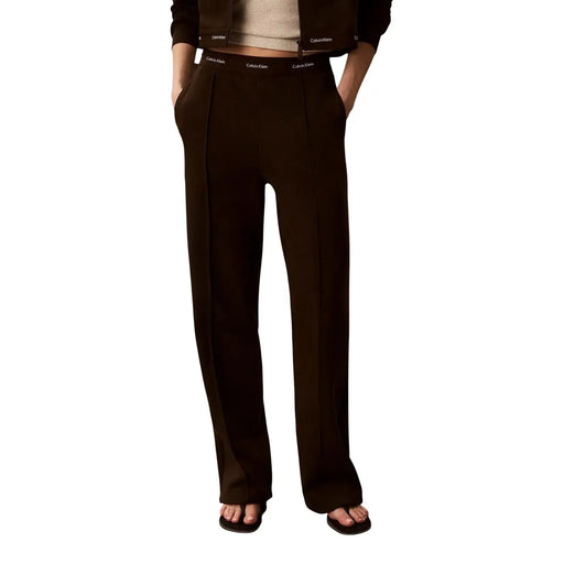 Calvin Klein Jeans women brown cotton wide-leg trousers with sleek straight-cut silhouette and embroidered waistband logo