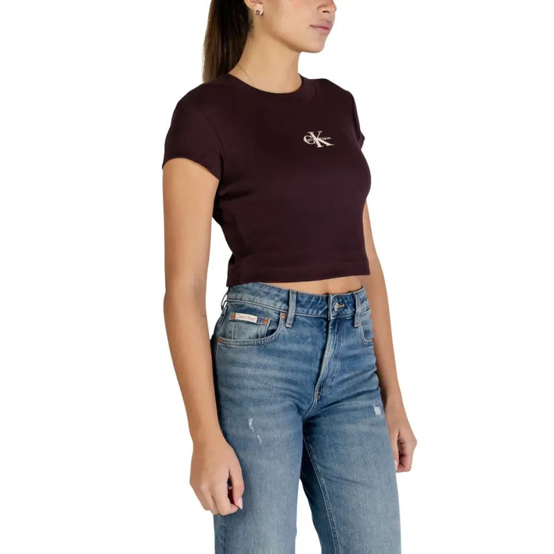Calvin Klein Jeans women brown long sleeve cotton t-shirt with maroon cropped style and white embroidered logo on chest