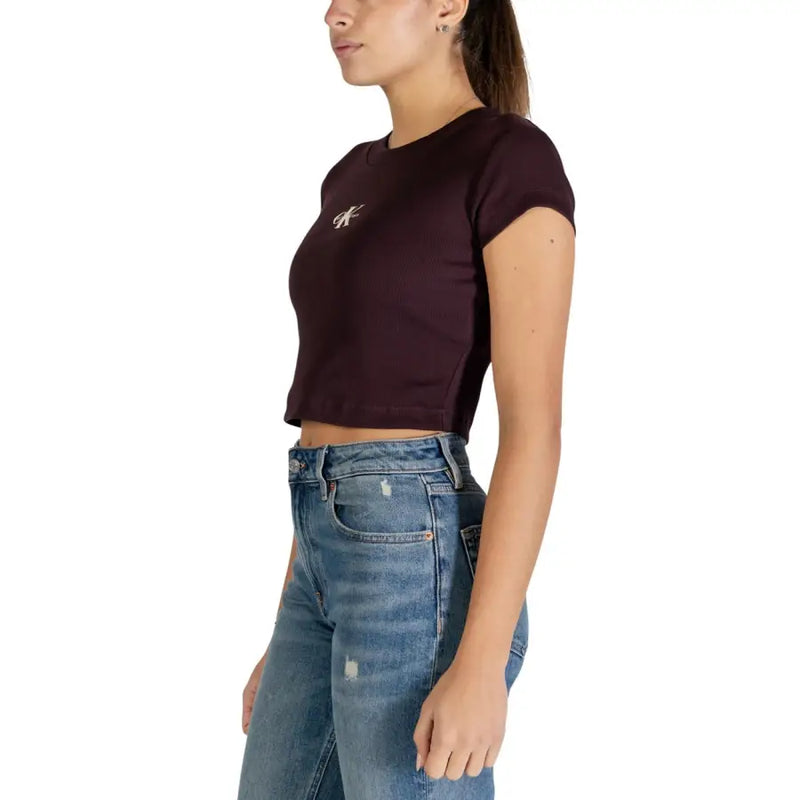 Calvin klein jeans women brown long sleeve cotton t-shirt in dark burgundy with white embroidered logo on left chest