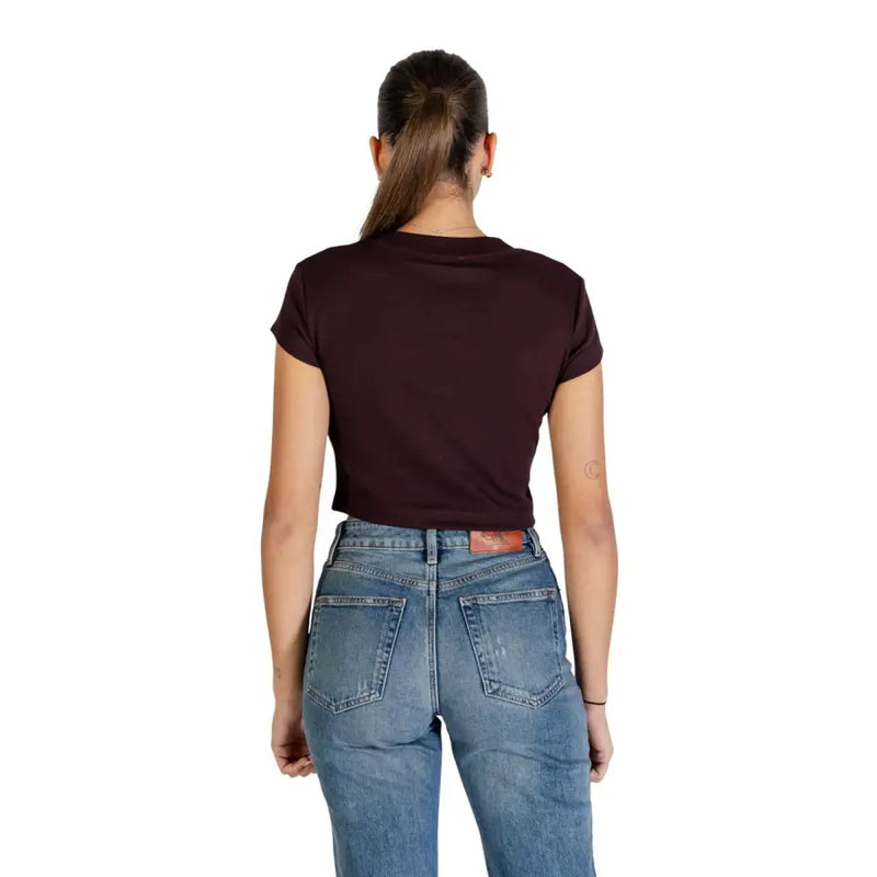 Calvin klein jeans women brown long sleeve cotton t shirt with a dark maroon short sleeved crop top front view