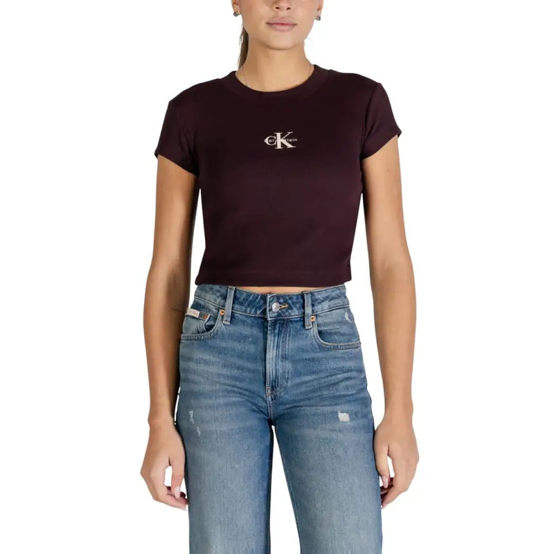 Calvin Klein Jeans women brown long sleeve cotton t-shirt with a dark burgundy cropped style and white logo on chest