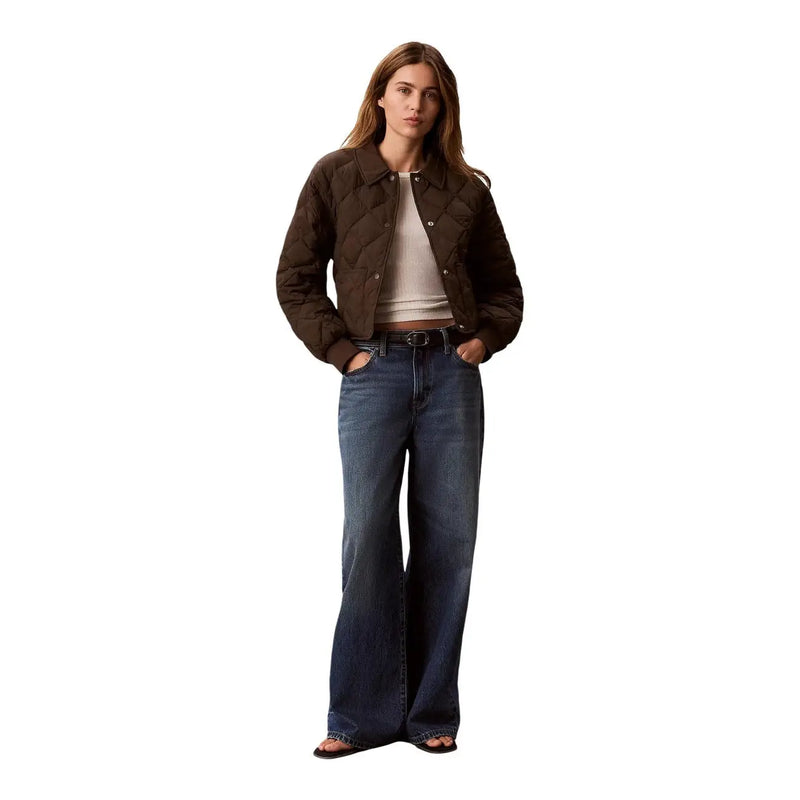 Brown quilted nylon jacket for women by Calvin Klein Jeans featuring a classic collar and button closure