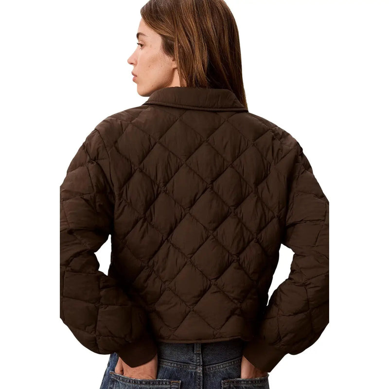 Calvin Klein Jeans women brown nylon quilted puffer jacket with classic collar and diamond stitched pattern